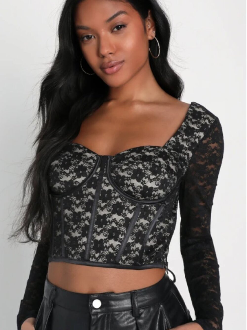LULU's Sexy Romantic Chic Lace Bustier Long Sleeve Date Night Party Top